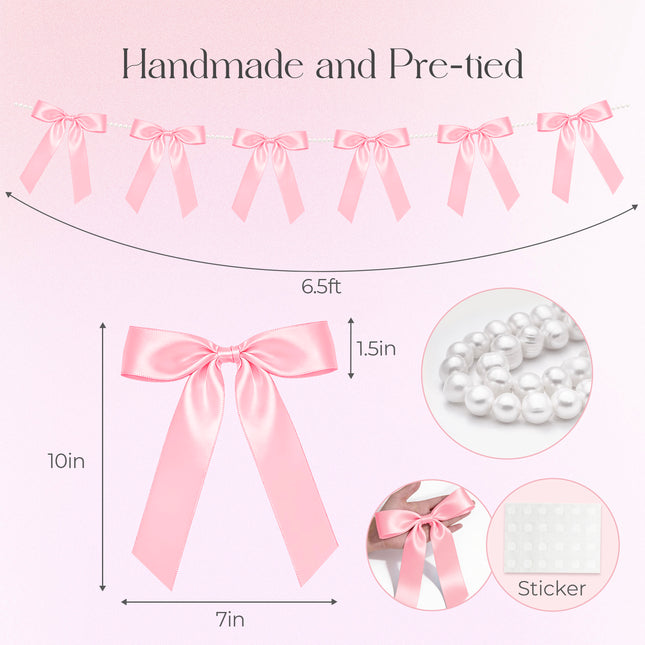 FLAIR GIFTS 2 Strings Coquette Pink Bow Garland Banner, 6.5ft Pearl Chain Pre-Strung Satin Ribbon for Soft Girl Aesthetic, Pink Birthday, Girl Baby Shower, Valentine’s Day & Preppy Room Decor
