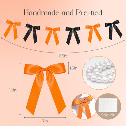 FLAIR GIFTS 2 Strings Halloween Bow Garland Banner, 6.5ft Pearl Chain Pre-Strung 6 Satin Ribbon for Gothic Coquette Decor, Spooky One Birthday, Orange and Black Party Garland & Mantle Backdrop