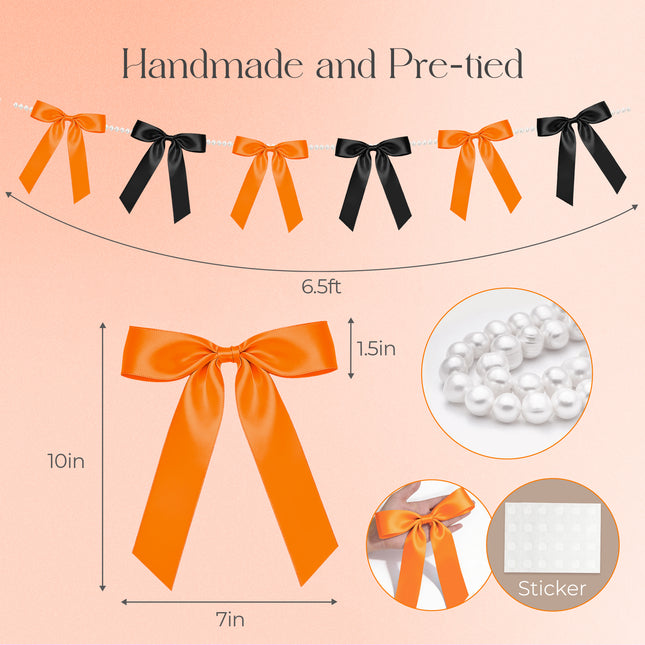FLAIR GIFTS 2 Strings Halloween Bow Garland Banner, 6.5ft Pearl Chain Pre-Strung 6 Satin Ribbon for Gothic Coquette Decor, Spooky One Birthday, Orange and Black Party Garland & Mantle Backdrop