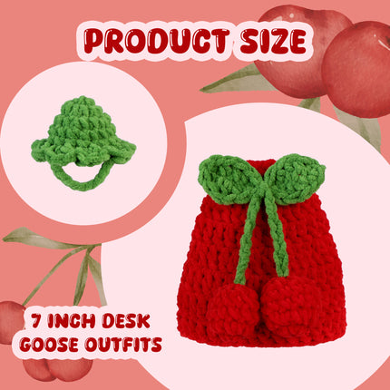 7 Inch Desk Goose Outfits Cherry, Handmade Knit Costume 2 PCs with Hat & Dress for Desktop Goose Statue Clothes Accessories Decor Gift