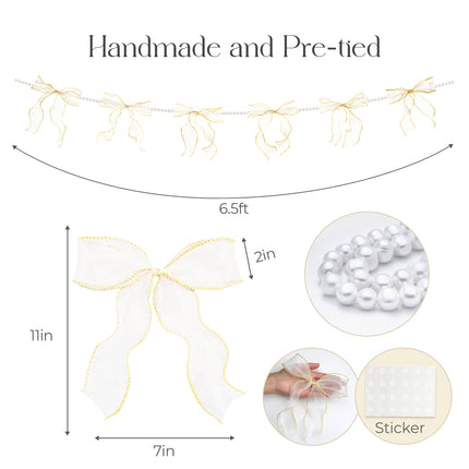 FLAIR GIFTS 2 Strings White Bow Garland Banner, Pre-Strung Fish-Tail Organza Ribbon with 6.5ft Pearl Chain for Bridal Shower, Wedding, Engagement, Birthday, Tea Party, Baby Shower, Anniversary Decor