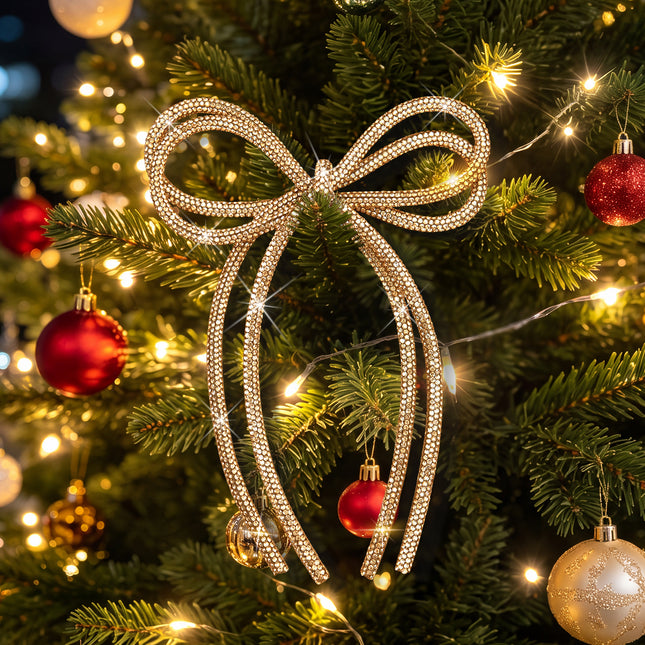 FLAIR GIFTS 6 Pcs 5" x 7" 2026 Christmas Bow Ornaments, Champagne Gold Double-Layer Sparkly Glitter Rhinestone Bows with Twist Tie for Xmas Tree Decoration, Wreath, Garland, Gift Wrapping