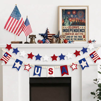 Flair Gifts 2 Pack 4th of July Garland, 6.5ft Felt Patriotic USA Garland for Mantel Red White Blue Star w/Wood Bead Flag Banner Decor for 250th Anniversary Independence Day Veterans Memorial Party