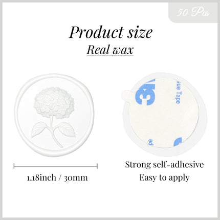 30mm White 3D Hydrangea Flower Wax Seal Stickers - 50pcs Round Edge