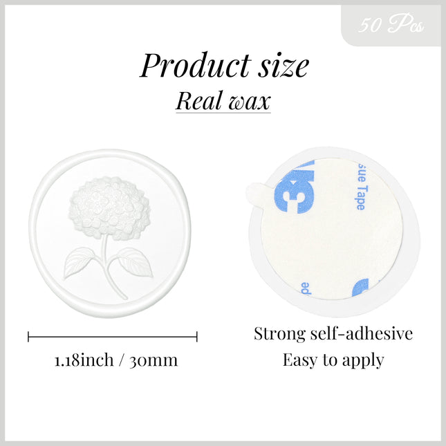30mm White 3D Hydrangea Flower Wax Seal Stickers - 50pcs Round Edge