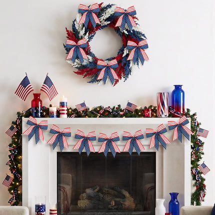 4th of July Decoration, 12 Pcs Patriotic Burlap Bows 6x6 Inch, Memorial Day Decorations Bows with Burlap Strip, Fourth of July Garland for Independence Day, Firepalce Wreath 250th Anniversary Decor