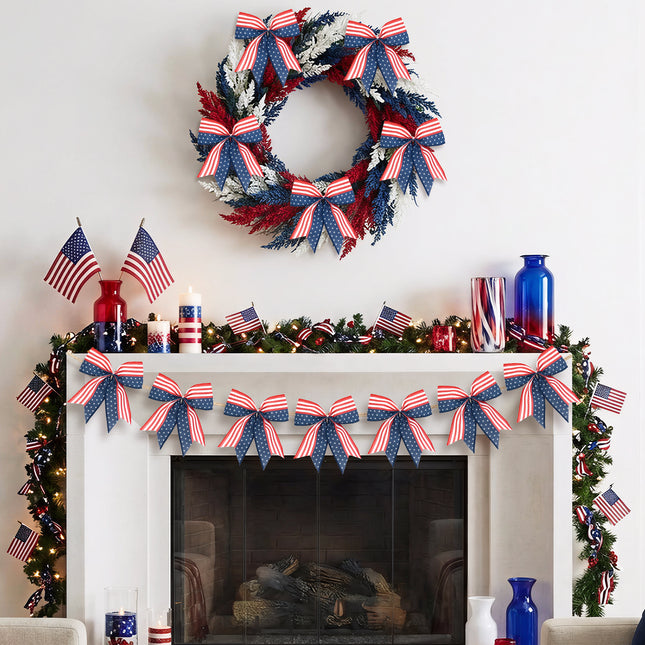 4th of July Decoration, 12 Pcs Patriotic Burlap Bows 6x6 Inch, Memorial Day Decorations Bows with Burlap Strip, Fourth of July Garland for Independence Day, Firepalce Wreath 250th Anniversary Decor