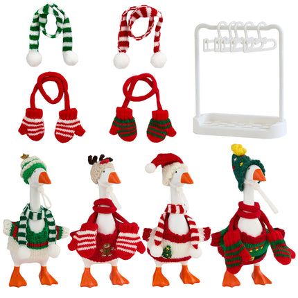 FLAIR GIFTS 4 Sets 7 Inch Desk Goose Christmas Outfits, Knit Sweater Santa Hat Scarf Gloves & Accessories with Hanger Stand for Desktop Goose Statue Holiday Decor Gift