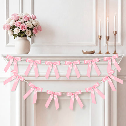 FLAIR GIFTS 2 Strings Coquette Pink Bow Garland Banner, 6.5ft Pearl Chain Pre-Strung Satin Ribbon for Soft Girl Aesthetic, Pink Birthday, Girl Baby Shower, Valentine’s Day & Preppy Room Decor