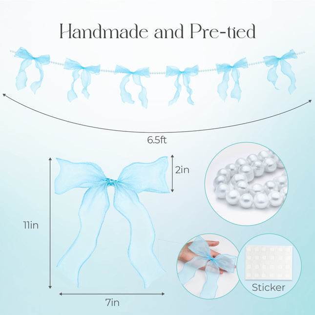 FLAIR GIFTS 2 Strings Blue Bow Garland Banner, Pre-Strung Fish-Tail Organza Ribbon with 6.5ft Pearl Chain for Baby Shower, Bridal Shower, Wedding, Engagement, Graduation & Anniversary Party Decor