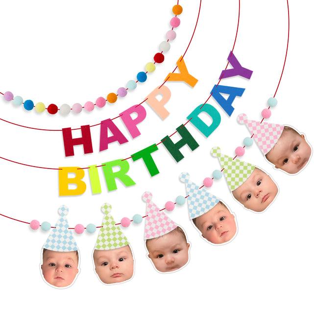 FLAIR GIFTS 2-Pack Happy Birthday Felt Garland with Pom Poms & Birthday Hats, 8ft Pre-Strung Reusable Colorful Felt Banner, Cute Pastel Bunting for Kids Party Decorations Backdrop