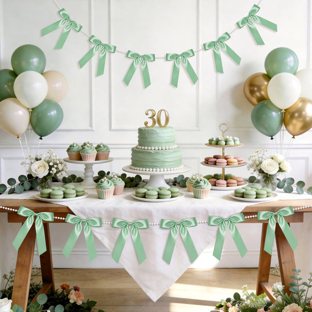 FLAIR GIFTS 2 Strings Sage Green Bow Garland Banner, 6.5ft Pearl Chain Pre-Strung Satin Ribbon for Woodland Baby Shower, Garden Wedding, Forest First Birthday, Neutral Nursery & Botanical Party Decor