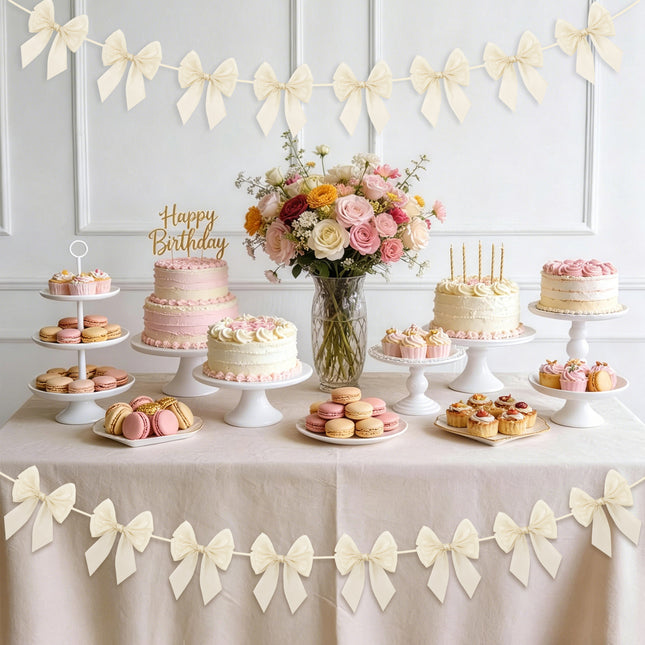 FLAIR GIFTS 2-String 6.5ft Ivory White Bows Garland Banner, 16 Pcs Pre-Strung Bows Party Decorations for Bridal Shower, Birthday, Bachelorette Party, Baby Shower, Tea Party Supplies