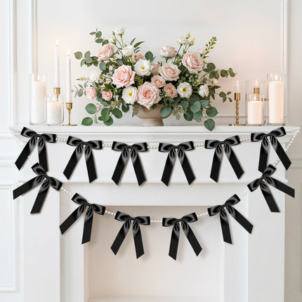 FLAIR GIFTS 2 Strings Black Bow Garland Banner, 6.5ft Pearl Chain Pre-Strung Satin Ribbon for Halloween Gothic Decor, Death to My 20s Birthday, Bachelorette, Black Tie Party & Modern Wedding Backdrop