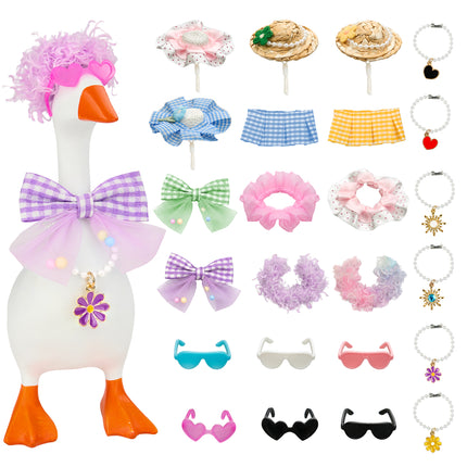 24 PCs 7 Inch Desktop Goose Outfits, Mix & Match Goose Outfits with Hat Wig Bow Dress Necklace Glasses for Desktop Goose Statue Indoor Decor Home Decor Gift