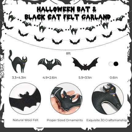 FLAIR GIFTS 2-Pack Halloween Felt Bat & Black Cat Garland, Pre-Strung 8ft 3D Stuffed Bat Banners with Pom Poms, Reusable Spooky Mantle Decor for Home, Office, Classroom Party Supplies