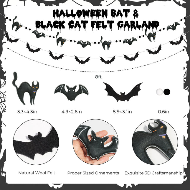 FLAIR GIFTS 2-Pack Halloween Felt Bat & Black Cat Garland, Pre-Strung 8ft 3D Stuffed Bat Banners with Pom Poms, Reusable Spooky Mantle Decor for Home, Office, Classroom Party Supplies