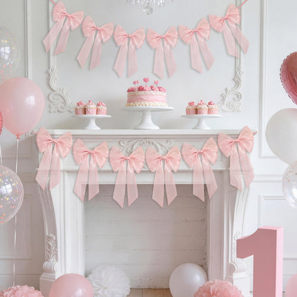 FLAIR GIFTS 2-Strings 6.5ft Pink Bows Garland Banner, Pre-Strung Bow Party Decorations for Coquette Birthday, Bachelorette Party, Girly Pink Party Supplies, Baby Shower, Bridal Shower