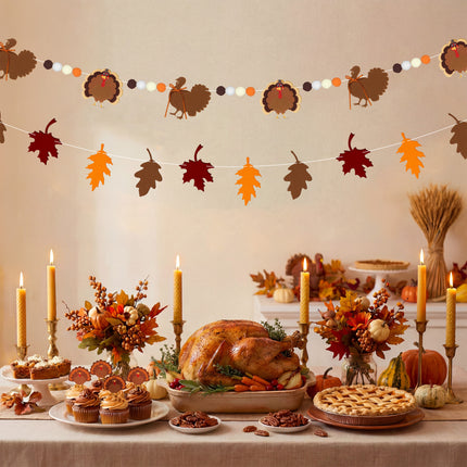 FLAIR GIFTS 2-Pack Thanksgiving Fall Felt Garland, 8ft Multi-Layered Turkey & Maple Leaves Banner with Pom Poms, Pre-Strung Autumn Bunting for Fireplace Mantel, Home, Classroom & Party Décor