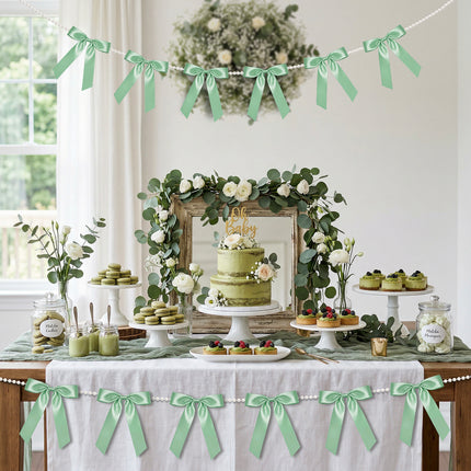 FLAIR GIFTS 2 Strings Sage Green Bow Garland Banner, 6.5ft Pearl Chain Pre-Strung Satin Ribbon for Woodland Baby Shower, Garden Wedding, Forest First Birthday, Neutral Nursery & Botanical Party Decor