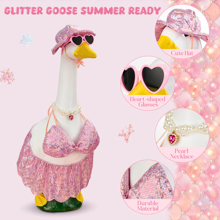 FLAIR GIFTS Pink Bikini Goose Clothes Set with Sunglasses Necklace Hat, Pink Sequin Swimming Suits Porch Goose Outfits for 23 Inch Goose Statue, Summer Pool Party Garden Decor (Pink)