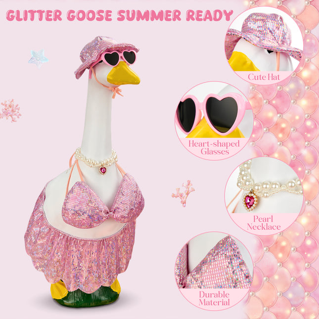FLAIR GIFTS Pink Bikini Goose Clothes Set with Sunglasses Necklace Hat, Pink Sequin Swimming Suits Porch Goose Outfits for 23 Inch Goose Statue, Summer Pool Party Garden Decor (Pink)