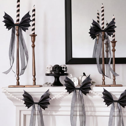FLAIR GIFTS Halloween Spooky Gothic Black Bat Bow Garland, 6.5 Ft Pre-Strung PU Leather Banner Decor with 4 Extra DIY Bows for Fireplace Mantel Wall Home Decor