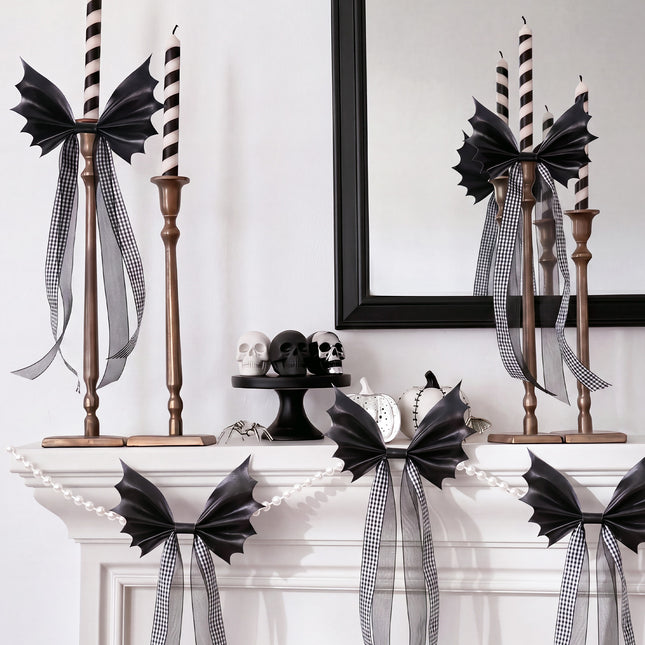 FLAIR GIFTS Halloween Spooky Gothic Black Bat Bow Garland, 6.5 Ft Pre-Strung PU Leather Banner Decor with 4 Extra DIY Bows for Fireplace Mantel Wall Home Decor