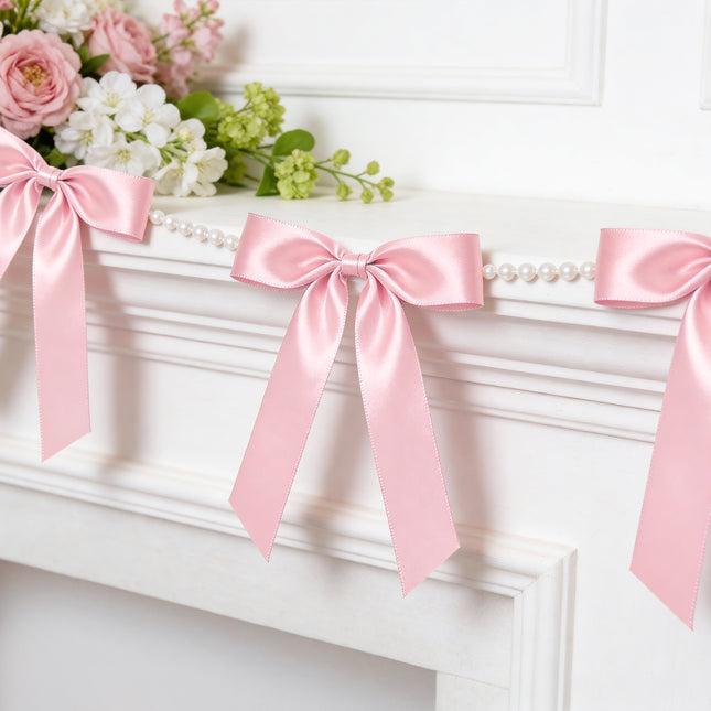 2 Strings Pink Bow Garland Banner, Pre-Strung Satin Ribbon with 6.5ft Pearl Chain for Coquette Birthday, Bridal Shower, Bachelorette Party, Baby Shower, Engagement, Graduation & Anniversary Decor