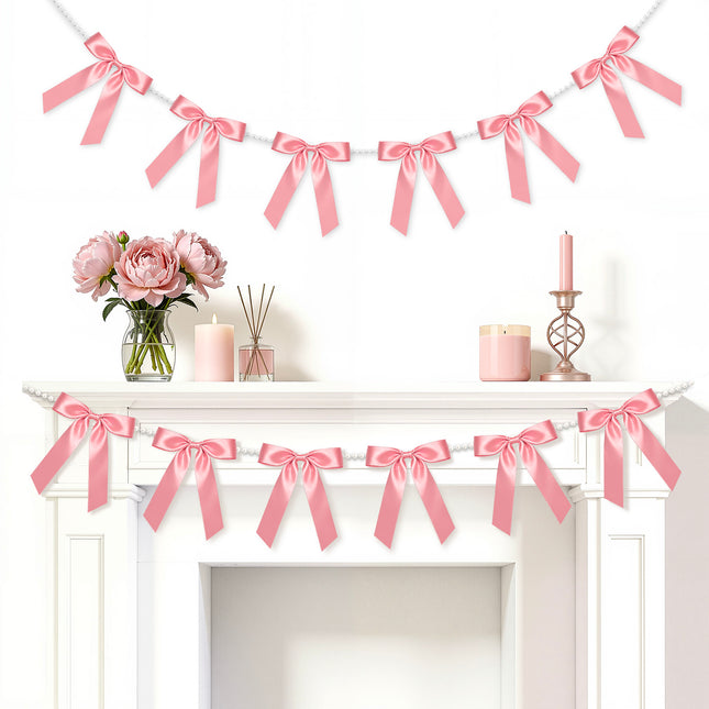 FLAIR GIFTS 2 Strings Dusty Rose Bow Garland Banner, 6.5ft Pearl Chain Pre-Strung Ribbon for Chic Bridal Shower, Muted Rose Wedding Decor, Sophisticated Birthday, Anniversary & Victorian Tea Party