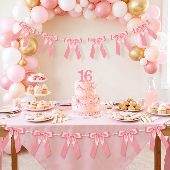 FLAIR GIFTS 2 Strings Dusty Rose Bow Garland Banner, 6.5ft Pearl Chain Pre-Strung Ribbon for Chic Bridal Shower, Muted Rose Wedding Decor, Sophisticated Birthday, Anniversary & Victorian Tea Party
