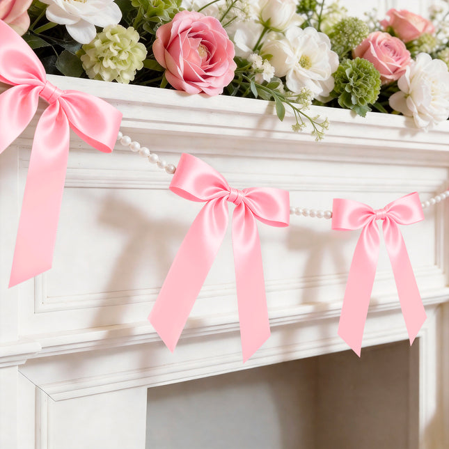 FLAIR GIFTS 2 Strings Coquette Pink Bow Garland Banner, 6.5ft Pearl Chain Pre-Strung Satin Ribbon for Soft Girl Aesthetic, Pink Birthday, Girl Baby Shower, Valentine’s Day & Preppy Room Decor