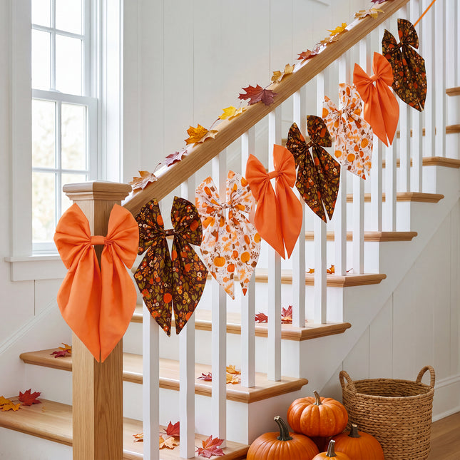 Fall Bow Garland Vintage Pumpkin Maple Leaf Harvest Decor 8 Ft Banner