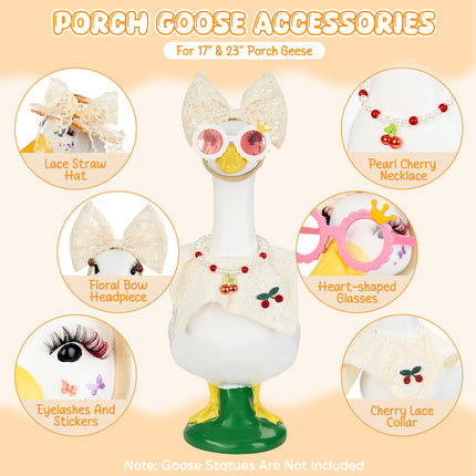 FLAIR GIFTS Porch Goose Statue 8pc Accessory Combination Set, White Lace Goose Accessories Kit with Glasses Bow Hat Necklace Stickers for 23 Inch Goose, Elegant Girl Style Yard Decor (White Lace 8PC)