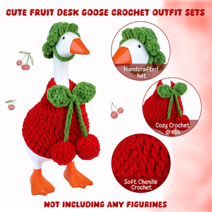 7 Inch Desk Goose Outfits Cherry, Handmade Knit Costume 2 PCs with Hat & Dress for Desktop Goose Statue Clothes Accessories Decor Gift