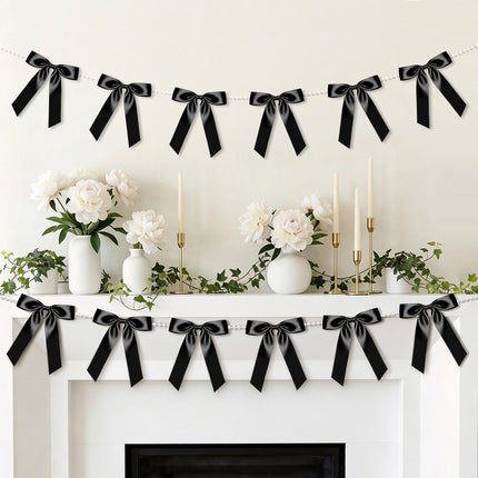 FLAIR GIFTS 2 Strings Black Bow Garland Banner, 6.5ft Pearl Chain Pre-Strung Satin Ribbon for Halloween Gothic Decor, Death to My 20s Birthday, Bachelorette, Black Tie Party & Modern Wedding Backdrop