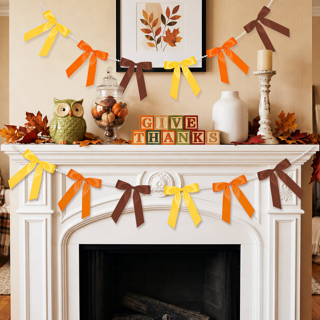 FLAIR GIFTS 2 Strings Fall Bow Garland Banner, 6.5ft Pearl Chain Pre-Strung 6 Satin Ribbon for Autumn Decor, Thanksgiving, Friendsgiving, Pumpkin Patch Party, Vintage Harvest Mantle Backdrop
