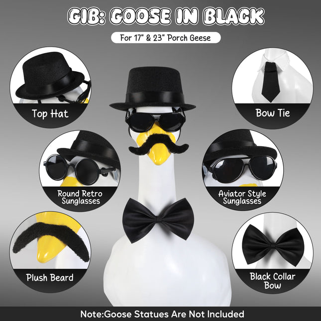 FLAIR GIFTS Porch Goose Statue 7pc Accessory Combination Set, Gentleman Goose Accessories Kit with Top Hat Bow Tie Sunglasses Strap for 23 Inch Goose, Black Formal Style Yard Decor (Black Formal 7PC)