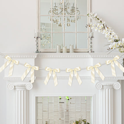 2 Strings White Bow Garland Banner, Pre-Strung Satin Ribbon with 6.5ft Pearl Chain for Bridal Shower, Wedding, Engagement, Bachelorette Party, Baby Shower, Graduation & Anniversary Decor