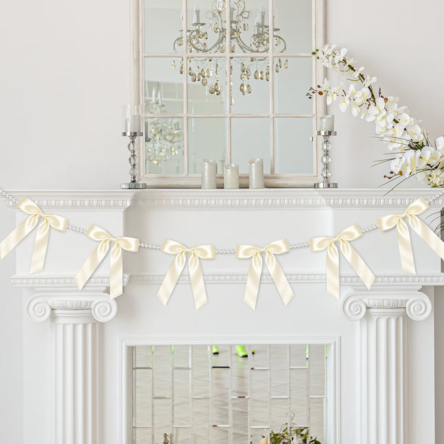 2 Strings White Bow Garland Banner, Pre-Strung Satin Ribbon with 6.5ft Pearl Chain for Bridal Shower, Wedding, Engagement, Bachelorette Party, Baby Shower, Graduation & Anniversary Decor