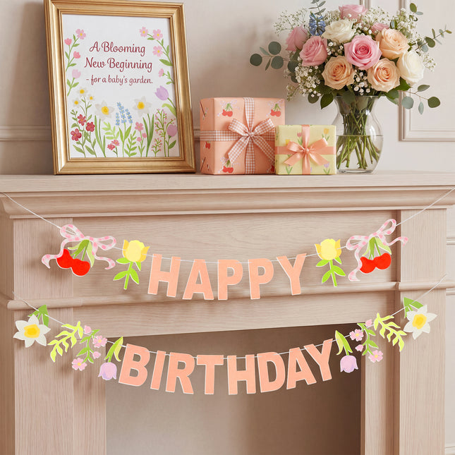 FLAIR GIFTS 2-Pack Happy Birthday Flower Felt Garland, 8ft Pre-Strung Floral Birthday Banner with Cherries & Blossoms, Reusable Pink Bunting for Garden Party, Nursery, Cottagecore Girls Birthday Decor