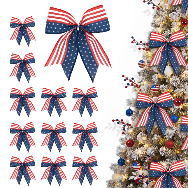 4th of July Decoration, 12 Pcs Patriotic Burlap Bows 6x6 Inch, Memorial Day Decorations Bows with Burlap Strip, Fourth of July Garland for Independence Day, Firepalce Wreath 250th Anniversary Decor