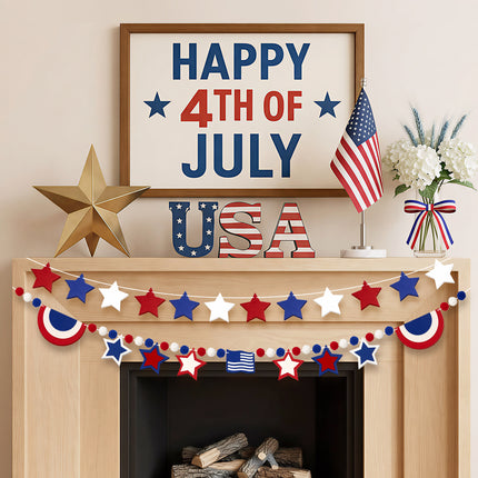 Flair Gifts 2 Pack 4th of July Garland, 6.5ft Felt Patriotic Star Garland for Mantel w/Red White Blue Pom Pom Flag Banner Decor for 250th Anniversary Independence Day Veterans Memorial Party