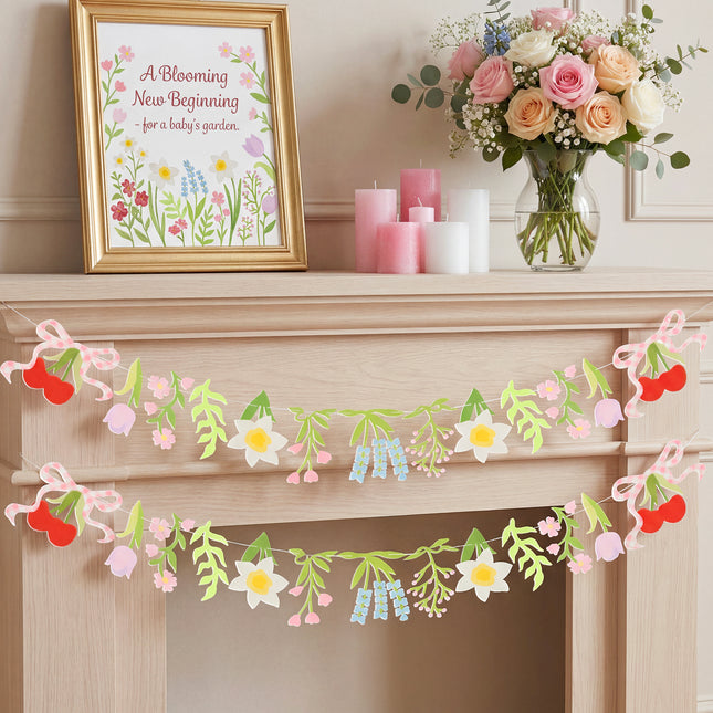 FLAIR GIFTS 2-Pack Wildflower Felt Garland, 8ft Colorful Floral Banner with Lavender & Daisy, Pre-Strung Cherry Blossom Bunting with Bows, Cottagecore Nursery Decor & Garden Party Supplies
