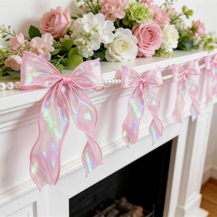 FLAIR GIFTS 2 Strings Iridescent Pink Bow Garland Banner, Pre-Strung Fish-Tail Organza Ribbon with 6.5ft Pearl Chain for Coquette Birthday, Bridal Shower, Baby Shower, Engagement, Anniversary Decor