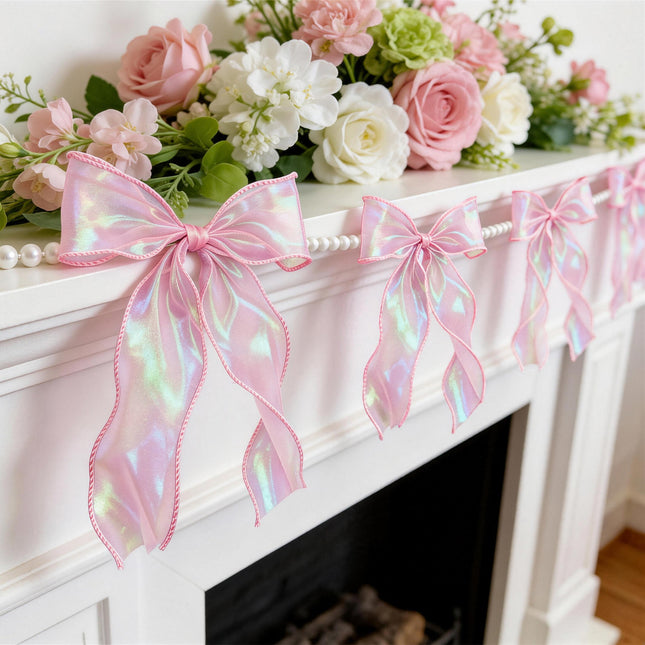 FLAIR GIFTS 2 Strings Iridescent Pink Bow Garland Banner, Pre-Strung Fish-Tail Organza Ribbon with 6.5ft Pearl Chain for Coquette Birthday, Bridal Shower, Baby Shower, Engagement, Anniversary Decor