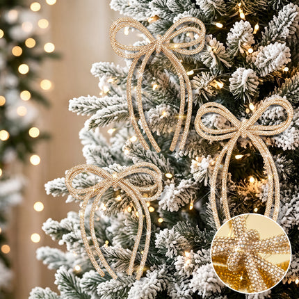 FLAIR GIFTS 6 Pcs 5" x 7" 2026 Christmas Bow Ornaments, Champagne Gold Double-Layer Sparkly Glitter Rhinestone Bows with Twist Tie for Xmas Tree Decoration, Wreath, Garland, Gift Wrapping