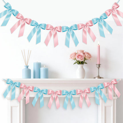 1-String Pink & Blue Bow Garland Banner, 8 Pre-Strung Double-Loop Satin Ribbon Bows, Valentines Day Decor for Baby Shower Bridal, Birthday & Wedding Party, Reusable Girls Coquette Room Wall Decor