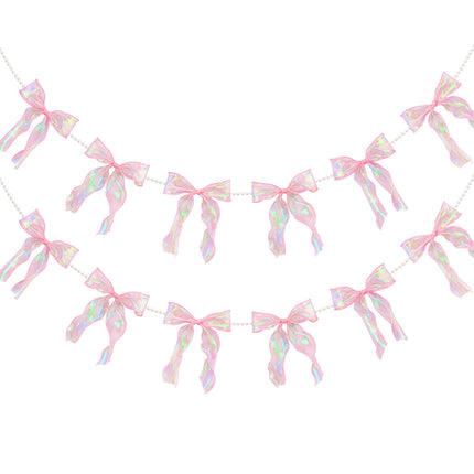 FLAIR GIFTS 2 Strings Iridescent Pink Bow Garland Banner, Pre-Strung Fish-Tail Organza Ribbon with 6.5ft Pearl Chain for Coquette Birthday, Bridal Shower, Baby Shower, Engagement, Anniversary Decor