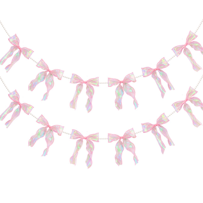 FLAIR GIFTS 2 Strings Iridescent Pink Bow Garland Banner, Pre-Strung Fish-Tail Organza Ribbon with 6.5ft Pearl Chain for Coquette Birthday, Bridal Shower, Baby Shower, Engagement, Anniversary Decor